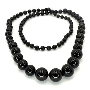 Black Glass Beaded Necklace Graduated Bead Hand Knotted Costume Jewelry‎ Twee